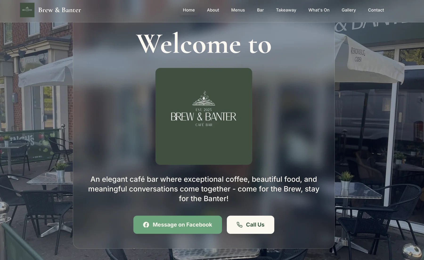 Brew & Banter café bar website featuring its hospitality-led design and venue imagery