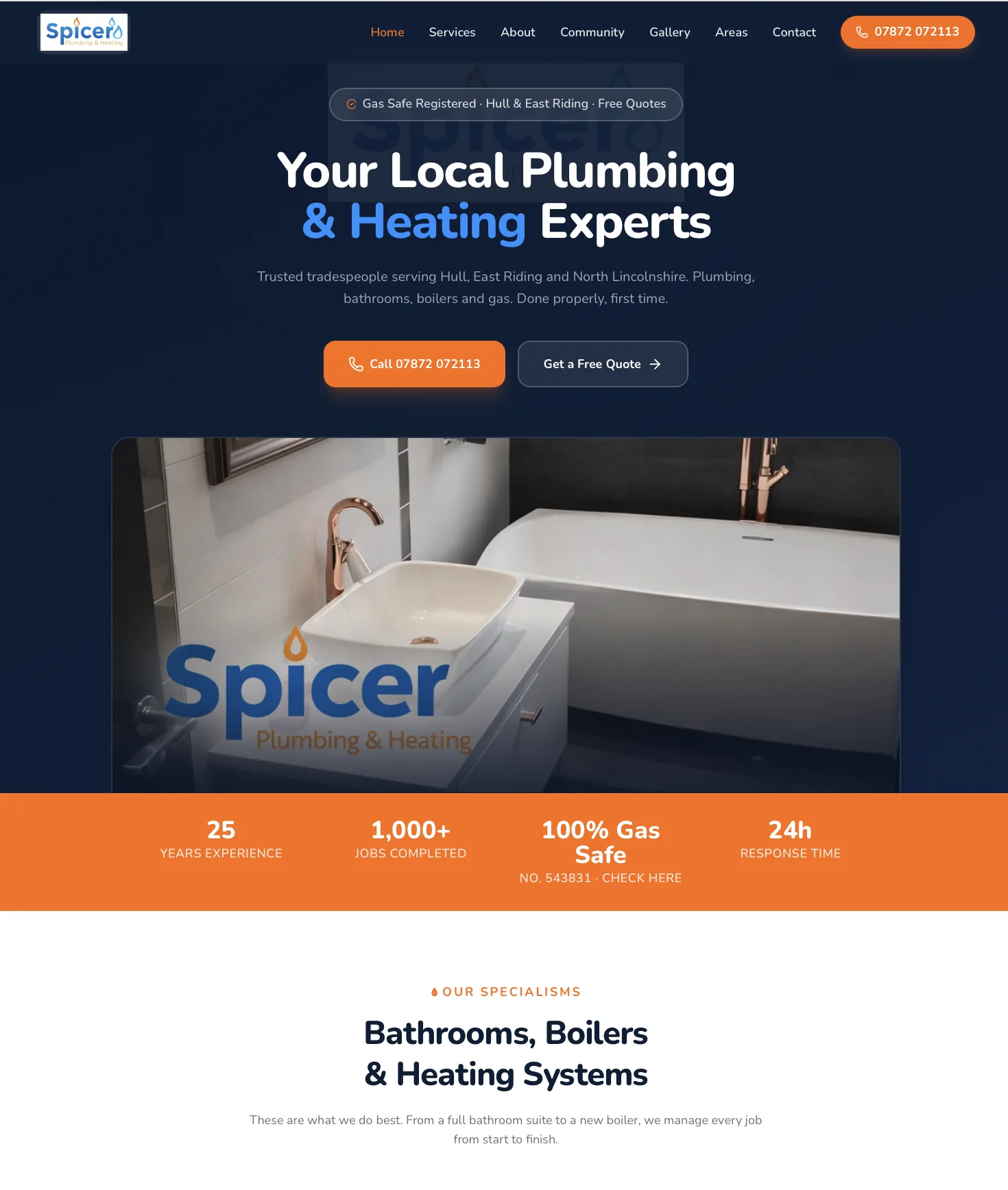 Spicer Plumbing and Heating website showing local services and enquiry links